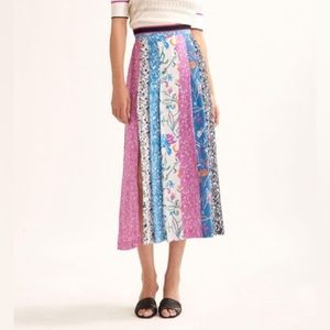 TANYA TAYLOR Flavia Floral Silk Patchwork Slit Front Midi Skirt